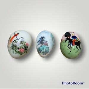 Set of 3 vintage hand painted oriental themed ceramic eggs